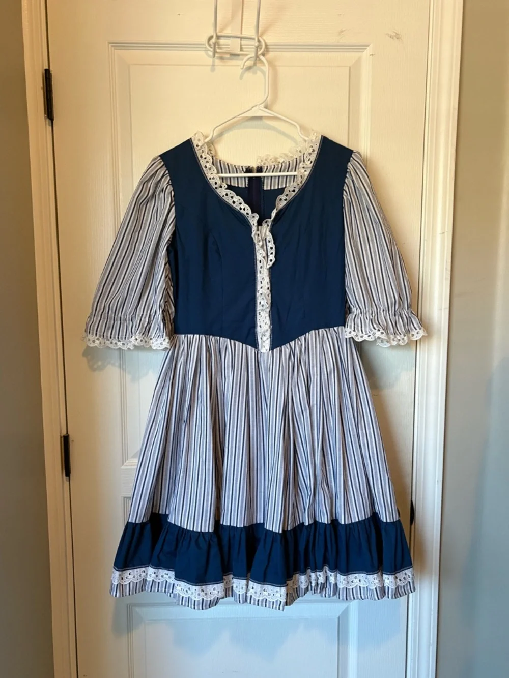 Vintage Blue & White Striped Puff Sleeve Mini Dress - Picture 4 of 13